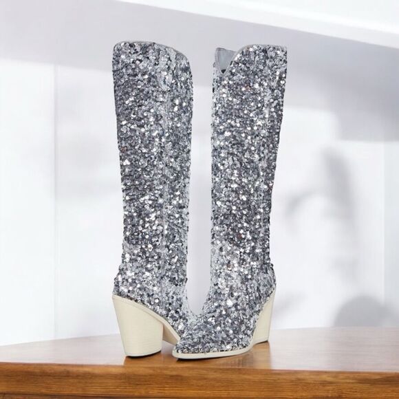 Steve Madden hi heel Boots Tyrus silver Sequin - Picture 2 of 10
